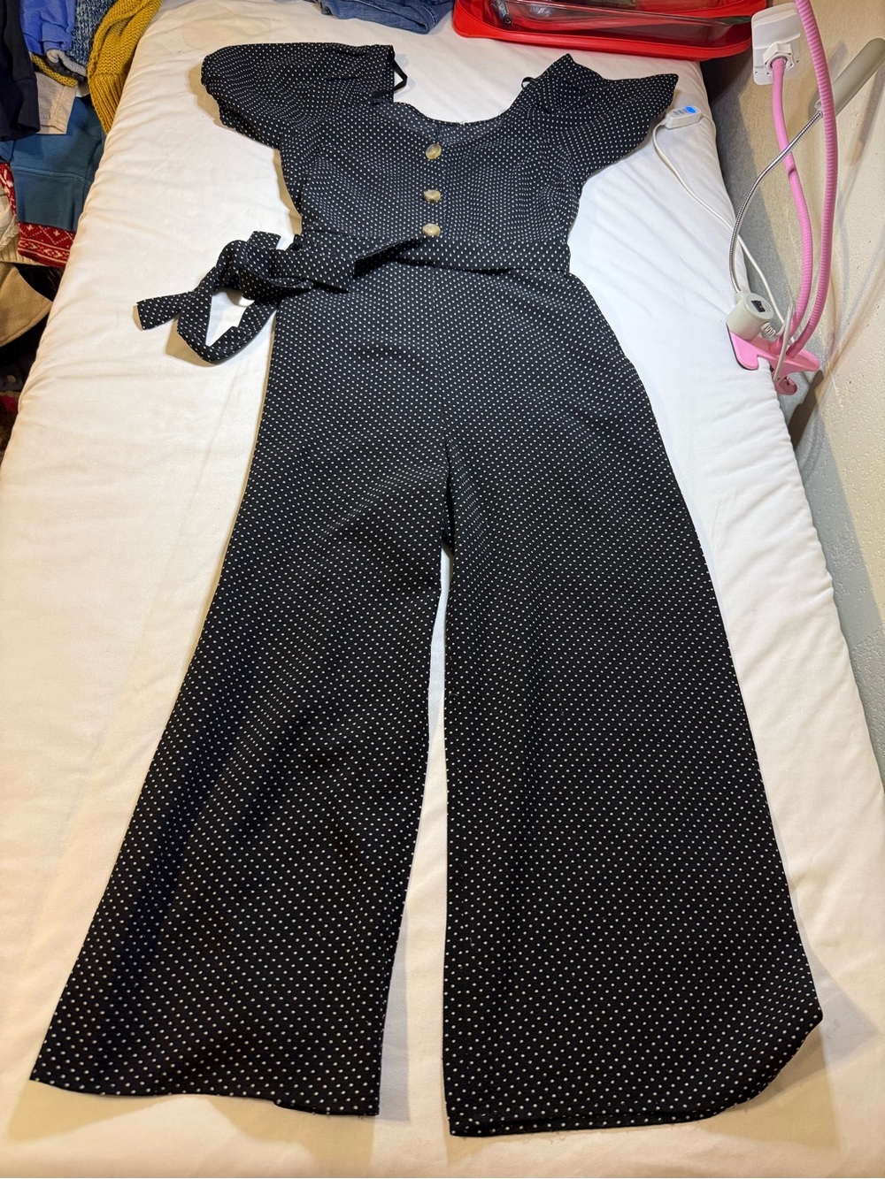 Polka Dot Black Wide-Leg Jumpsuit with Tie Waist